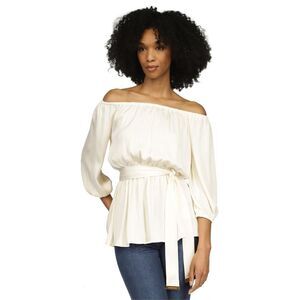 Michael Kors Womens Tie Waist Off the Shoulder Blouse, Off-White, XL, DM